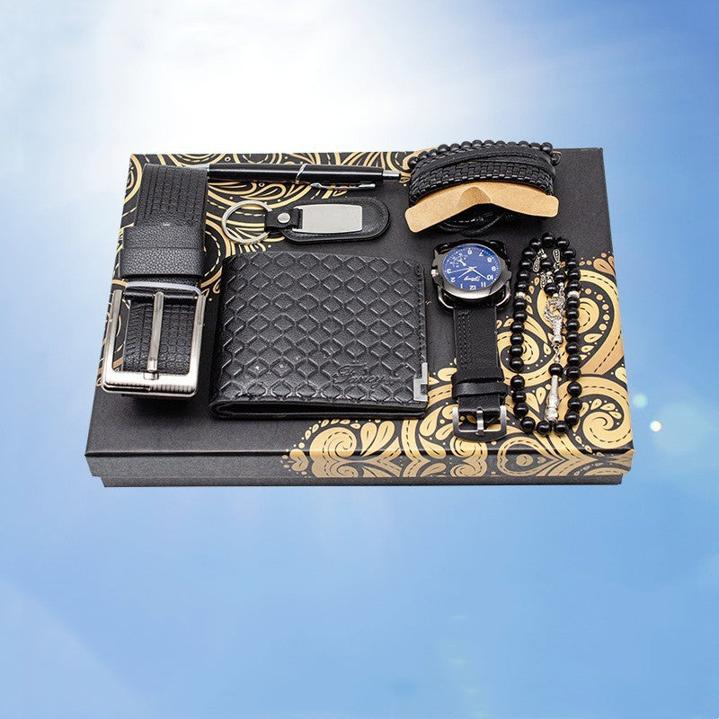 Sju-delat herrset med klocka, plånbok, bälte och accessoarer – komplett presentpaket