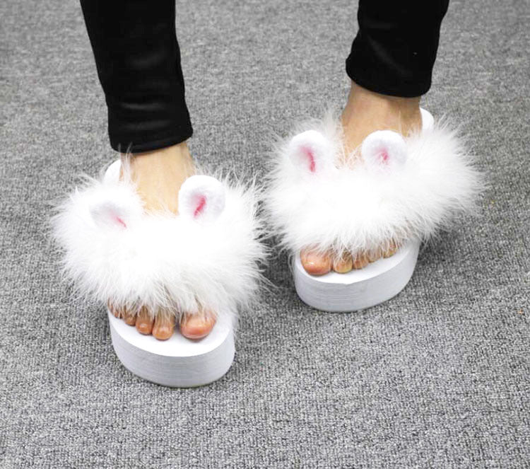 Håndlagde Søte Kaninøre-Pels Sko Strutspels Super Eventyr Flip-flops Platåsko