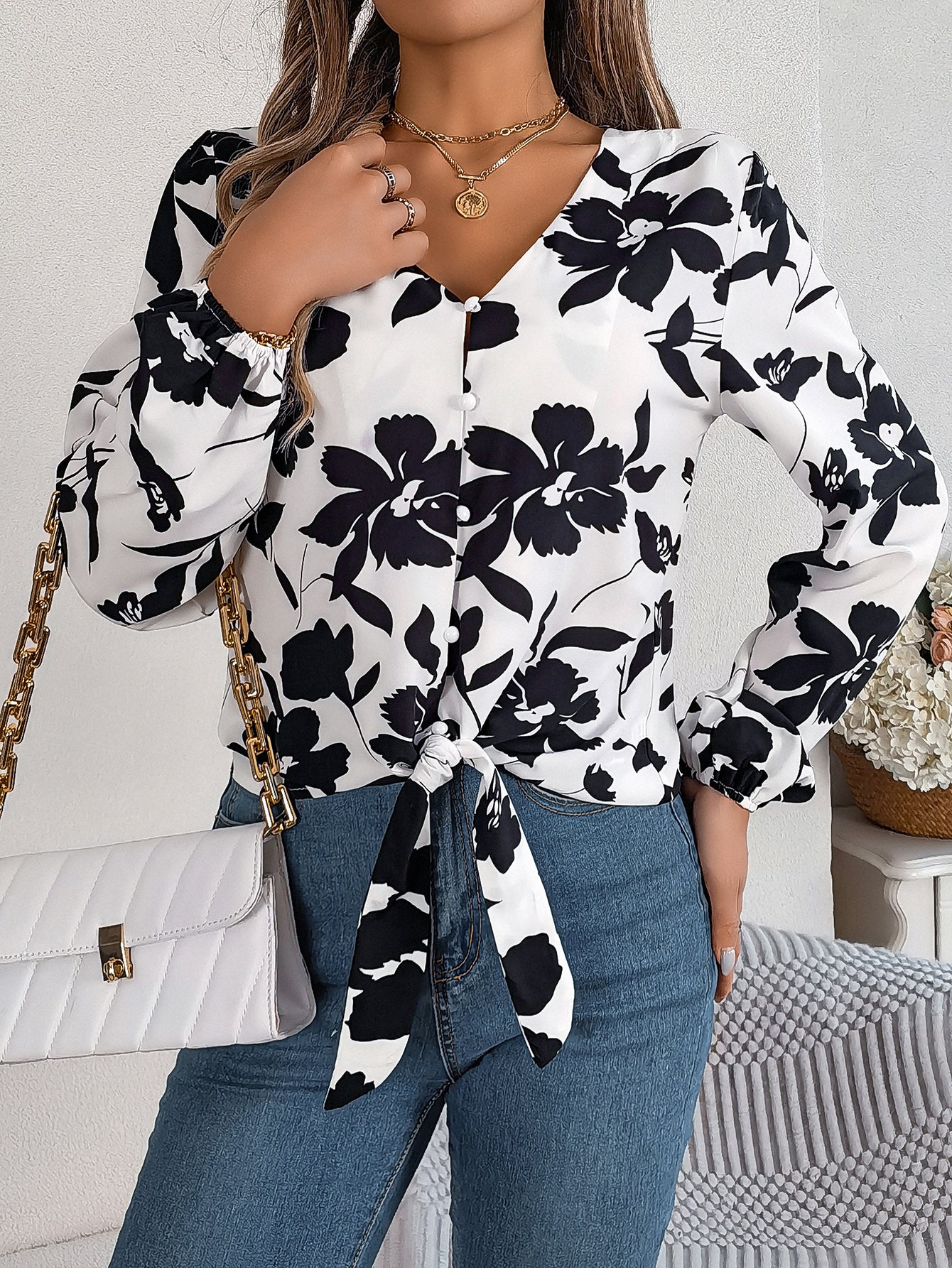 Top de gasa para mujer con estampado floral, mangas farol, bloques de color y cintura ajustable con lazo