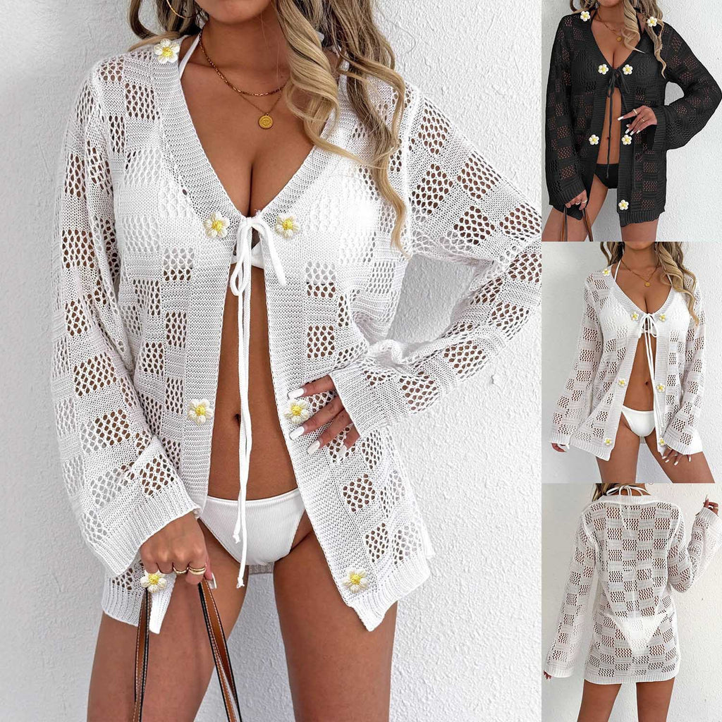 Cárdigan para mujer, suéter de punto máquina, hueco, manga larga, protección solar, cubre bikini, chaqueta de playa con lazo