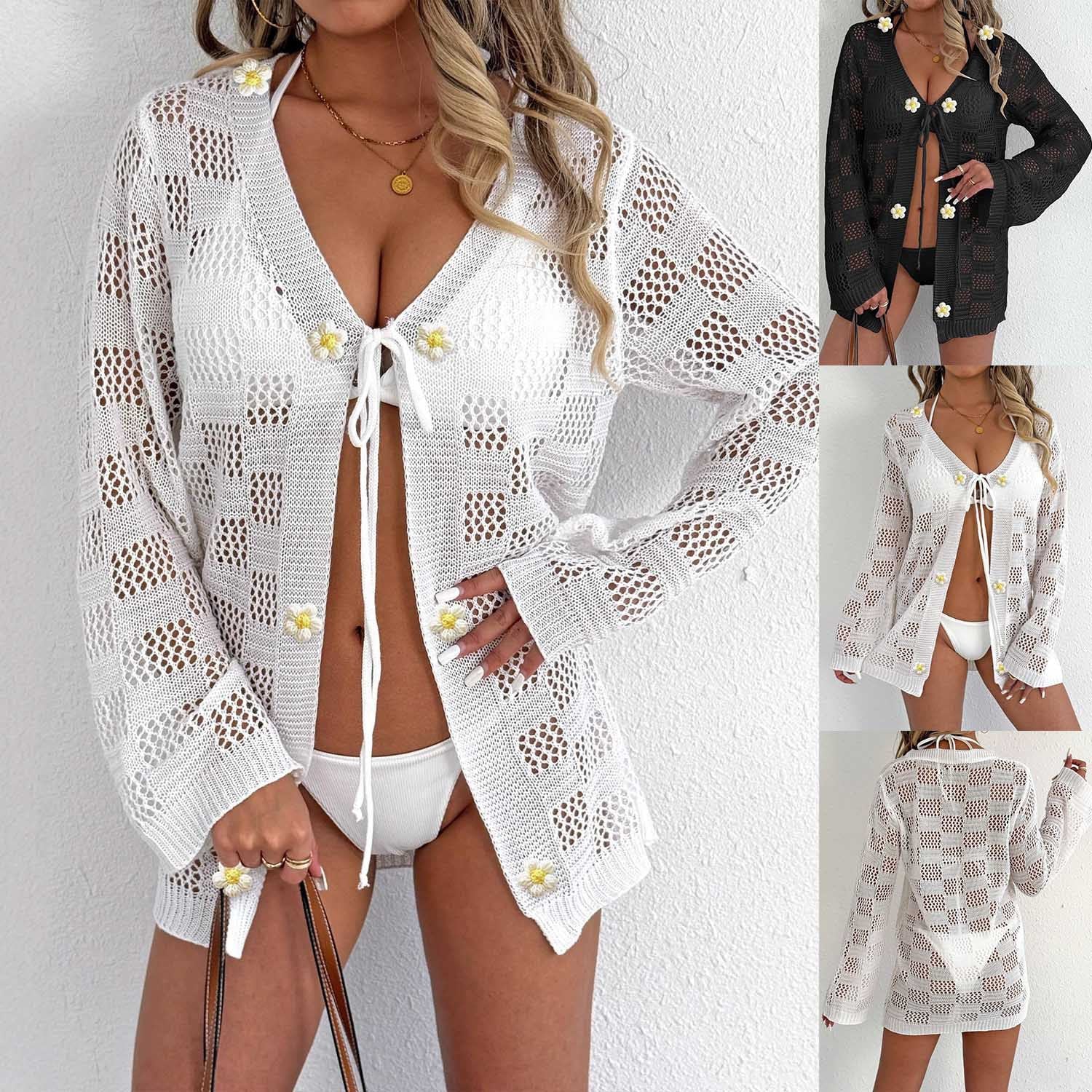 Cárdigan para mujer, suéter de punto máquina, hueco, manga larga, protección solar, cubre bikini, chaqueta de playa con lazo