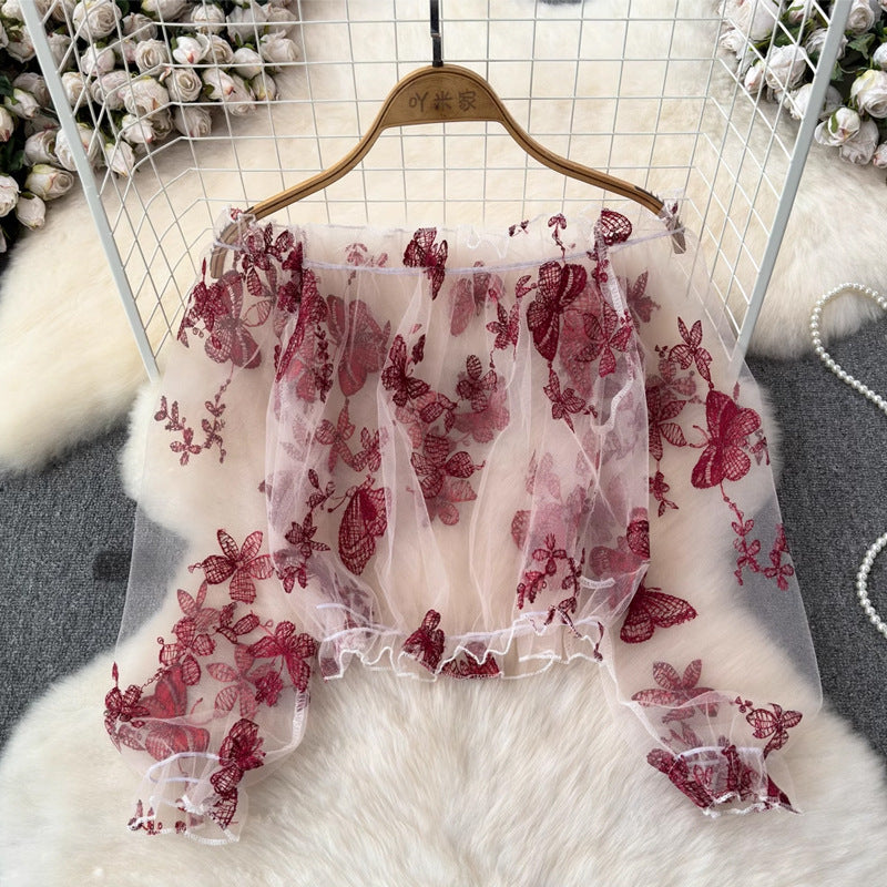 Blusa transparente bordada con hombros descubiertos para mujer, verano