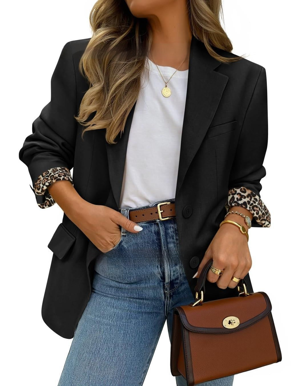 Chaqueta de moda para mujer de color liso con puños, solapas de estampado de leopardo en contraste