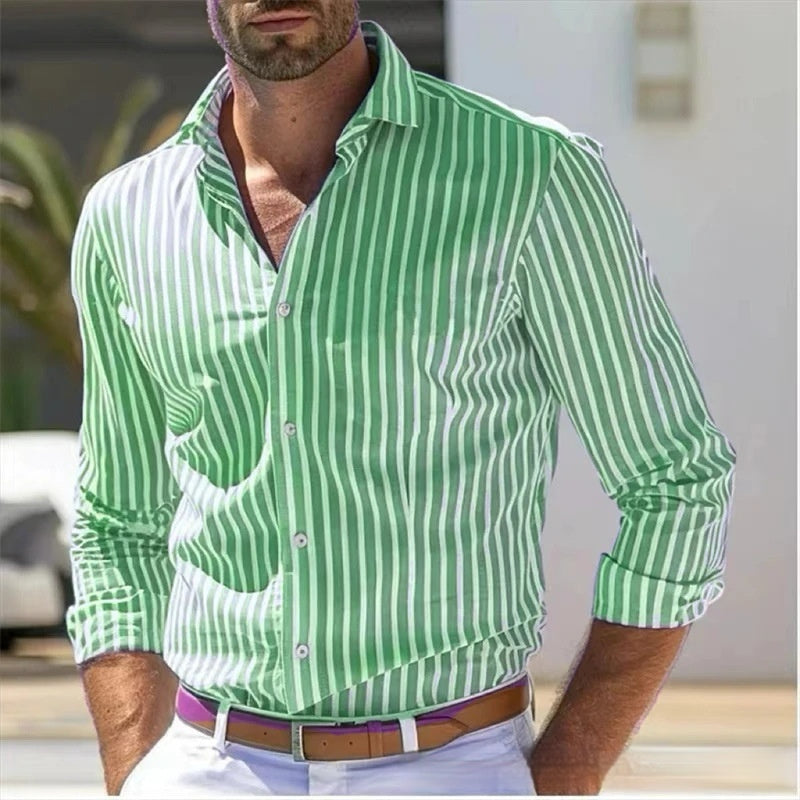 Camisa slim de rayas de manga larga para hombre, moda juvenil