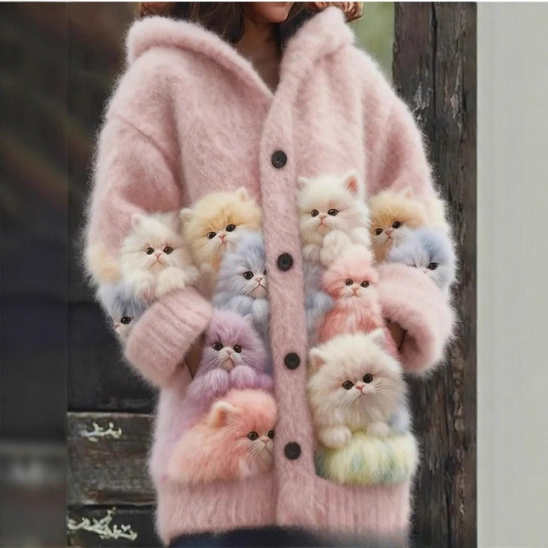 Nueva chaqueta capa informal con capucha y estampado de gato impreso en 3D