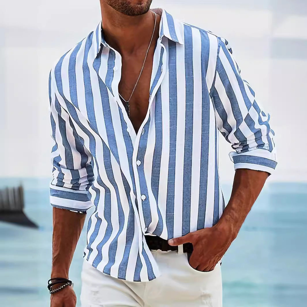 Camisa casual holgada de manga larga a rayas teñida en hilo para hombre