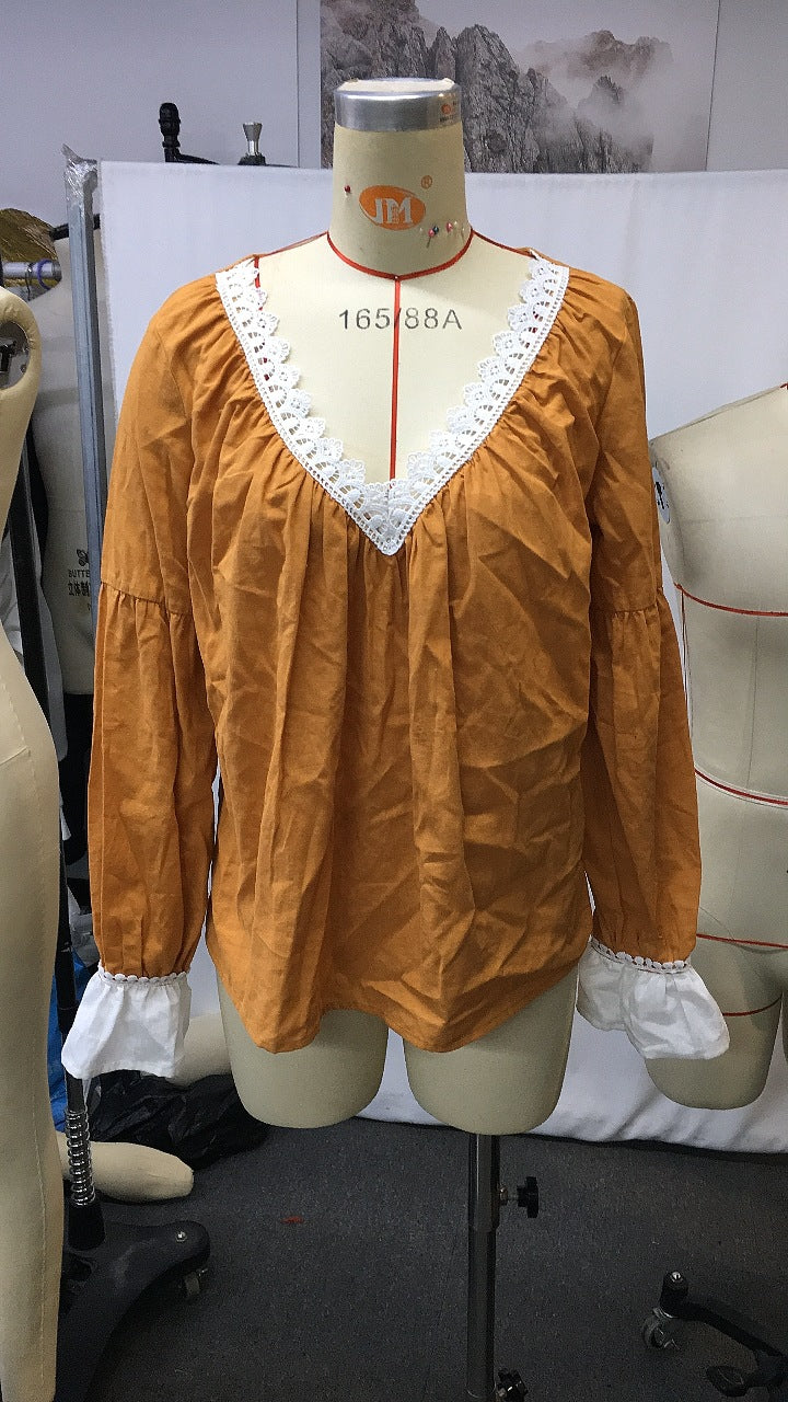 Bohemianisches, einfarbiges Patchwork-T-Shirt mit Blumenmuster und V-Ausschnitt