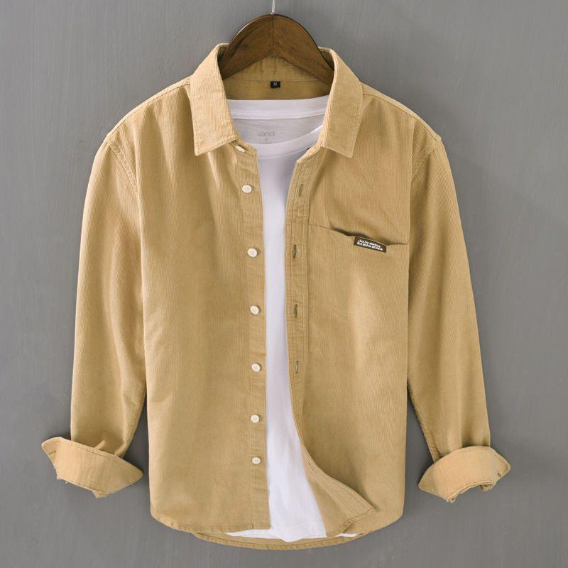 Camisa de pana lisa para hombre, estilo japonés, de manga larga, para primavera y otoño