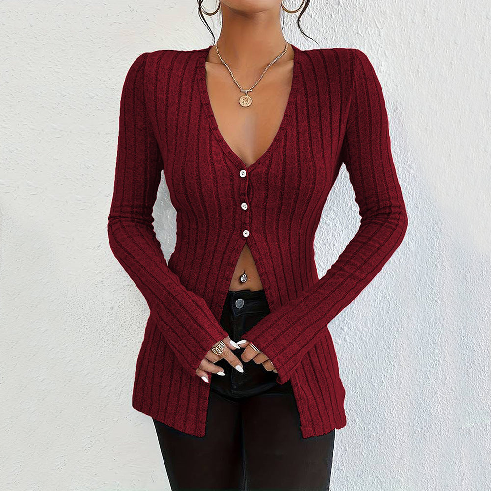 Camiseta corta de manga larga con cuello en V, estilo francés sexy europeo y americano