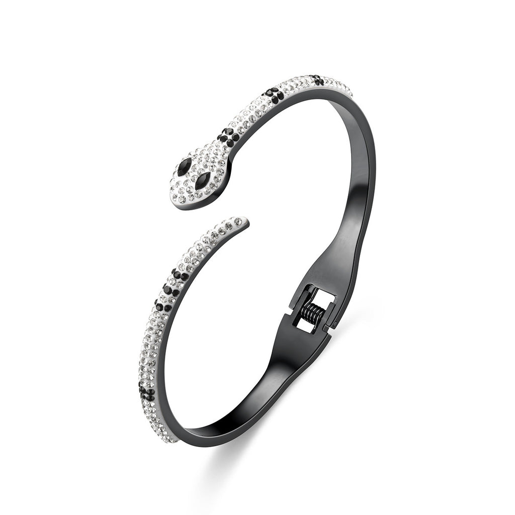 Grönögd ormarmband i rostfritt stål med mikroinfattade diamanter