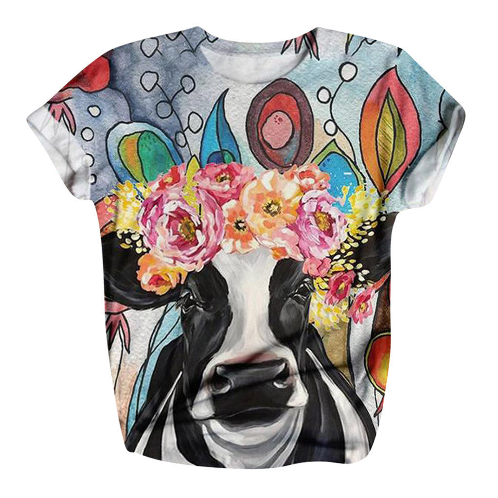 Camiseta de mujer moderna con estampado de cabeza de toro, cuello redondo y manga corta