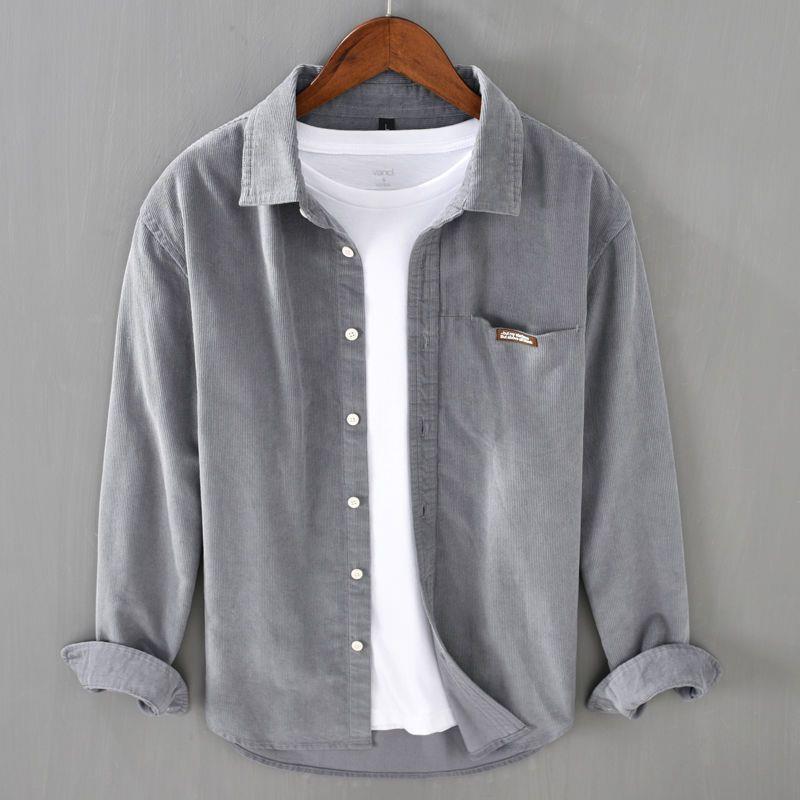 Camisa masculina de veludo cotelê lisa, manga longa, estilo japonês, para primavera e outono