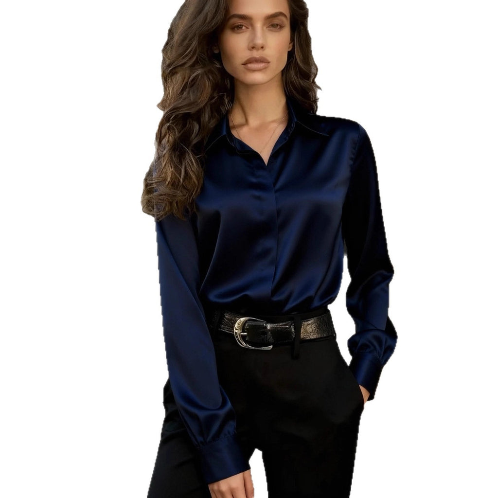 Camisa de satén para mujer, versátil, de manga larga, cuello vuelto, para otoño y uso diario
