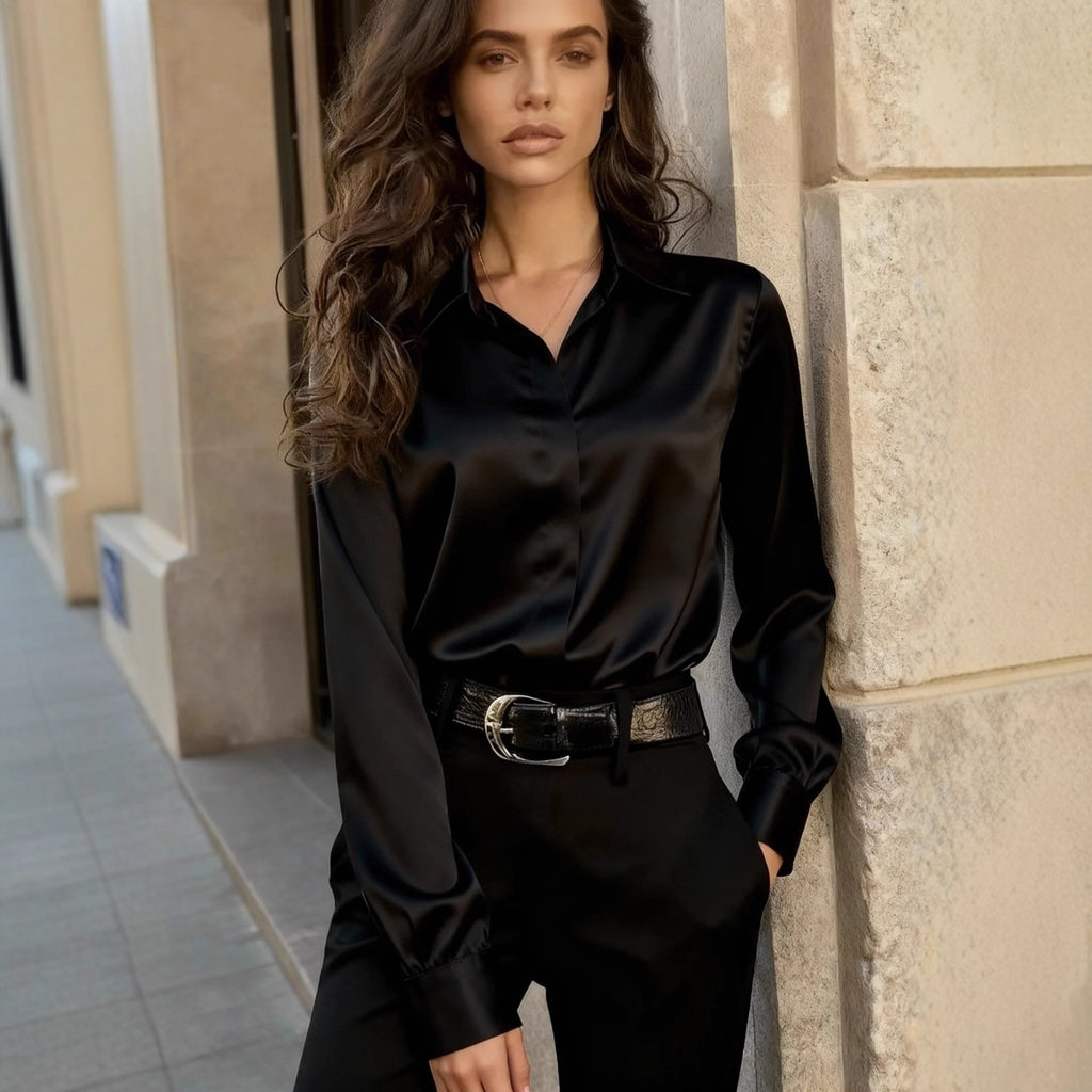 Camisa de satén para mujer, versátil, de manga larga, cuello vuelto, para otoño y uso diario