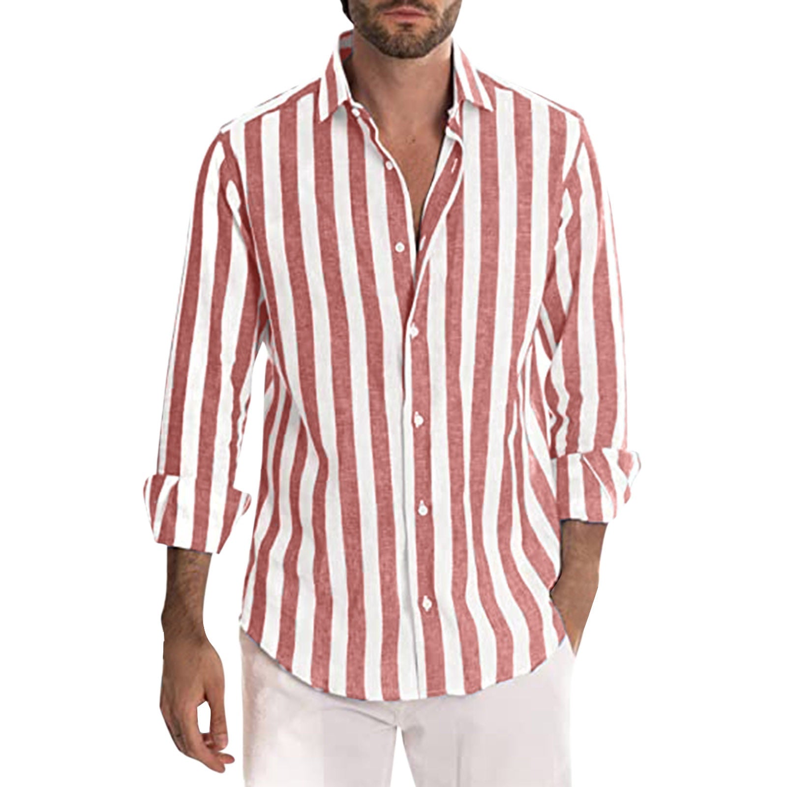 Camisa casual holgada de manga larga a rayas teñida en hilo para hombre