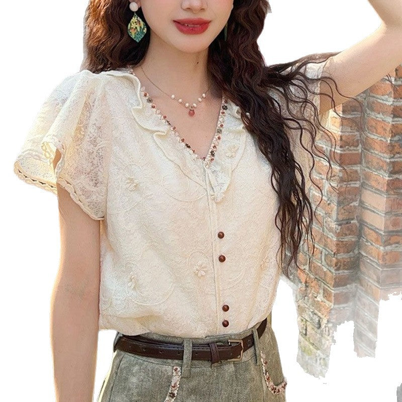Petite Anti-Aging V-Neck Lace Short Sleeve Blouse For Women