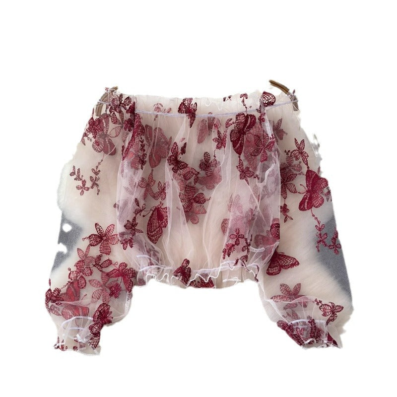 Blusa transparente bordada con hombros descubiertos para mujer, verano