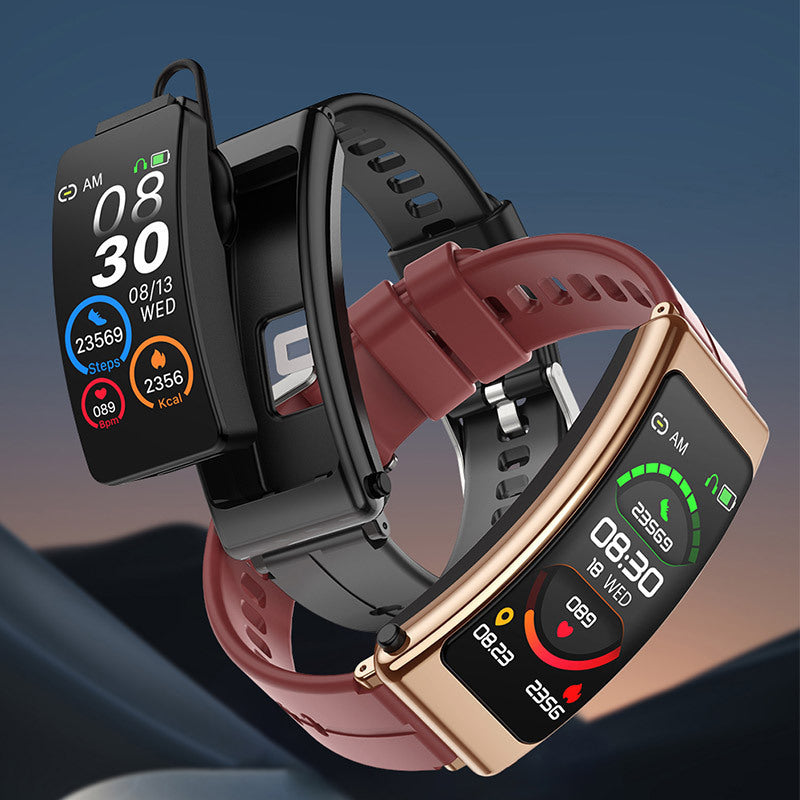 Smart armband med integrerat Bluetooth-headset, utformat för samtal och daglig aktivitetsmätning.