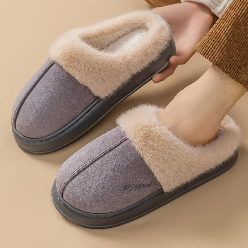 Nuevas pantuflas esponjosas y cálidas de invierno para pareja, estilo sencillo, antideslizantes y suaves, tipo mule para mujer y hombre, zapatillas de algodón para casa