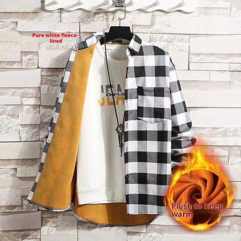 Camisa de manga larga para hombre de cuadros, engrosada y forrada de fleece para invierno