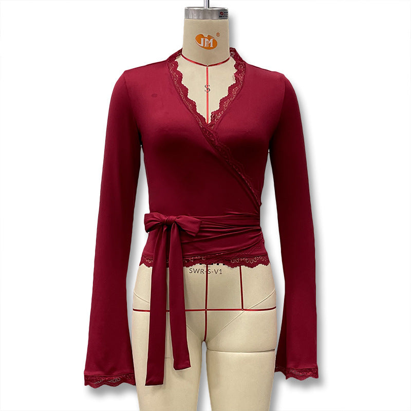 Top de manga larga para mujer, liso, con cuello en V, ribete de encaje y cordones, para San Valentín