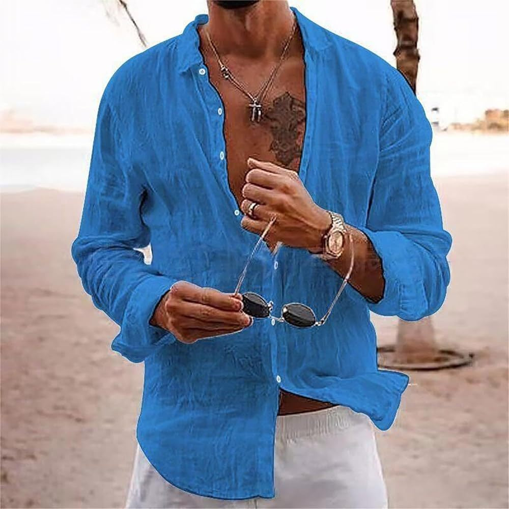 Camisa informal de algodón y lino de color liso para hombre
