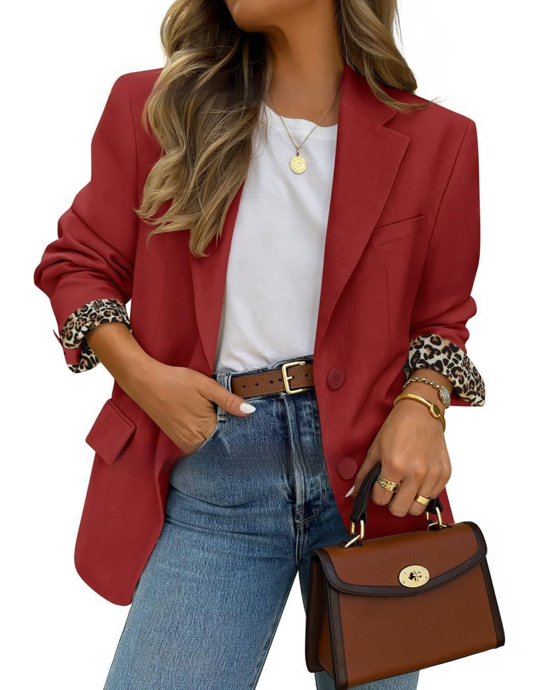 Chaqueta de moda para mujer de color liso con puños, solapas de estampado de leopardo en contraste