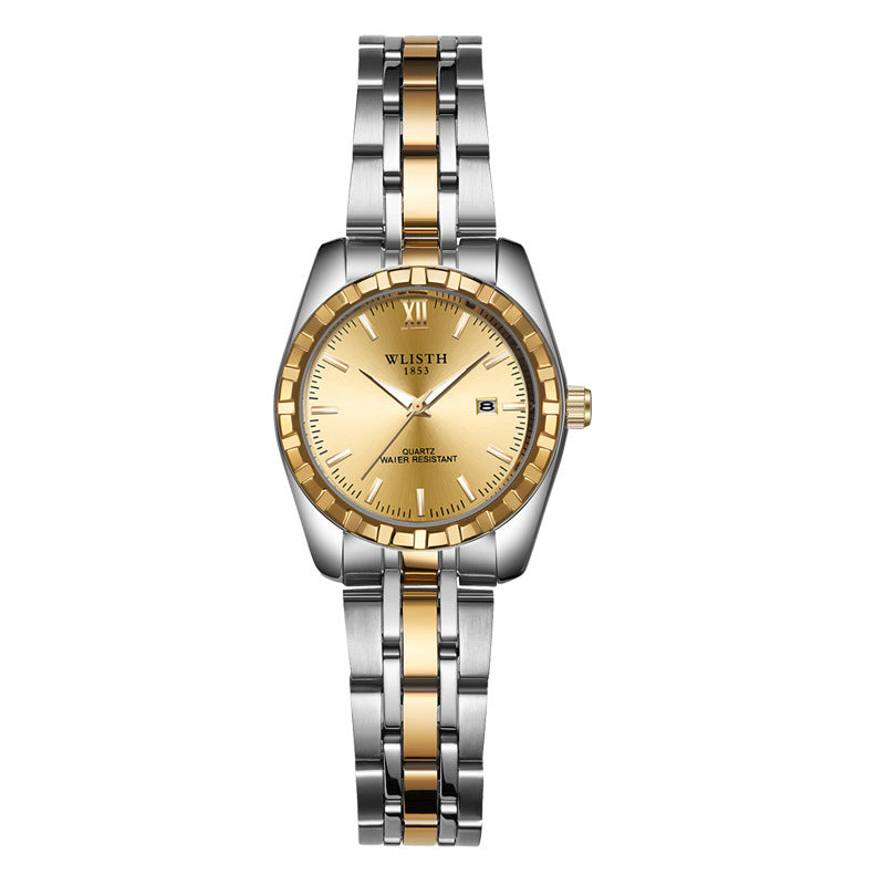 Ett elegant och modernt par-klockset med stilrena stålarmband