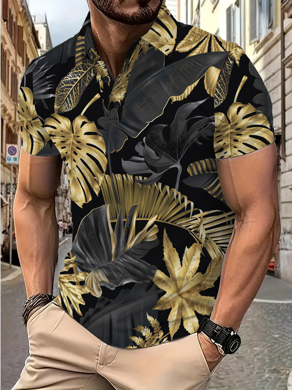Camisa estampada de moda para hombre, de manga corta, con patrón tropical vegetal dorado