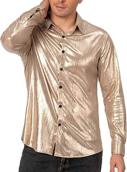 Camisa abotonada casual de color liso con lentejuelas para hombre