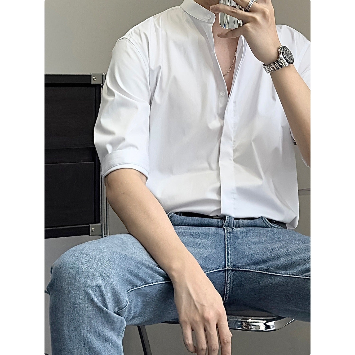 Camisa china de hombre de verano, cuello mao, media manga