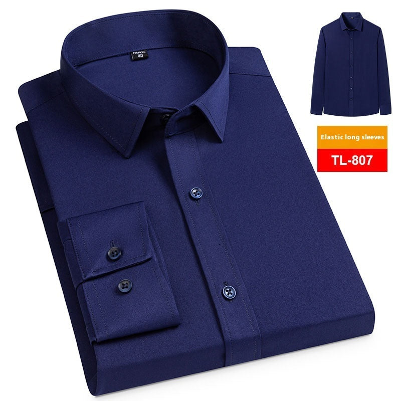 Camisa elástica informal de negocios para hombre, manga larga, lisa, sin bolsillo, de primavera