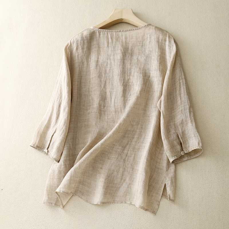 Camisa casual bordada para mujer de algodón y lino