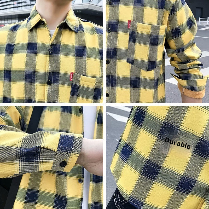 Camisa de manga larga para hombre de cuadros, engrosada y forrada de fleece para invierno