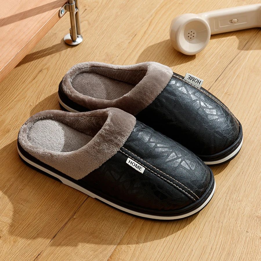Pantuflas de interior de cuero PU, tallas grandes, impermeables, con pelo, planas