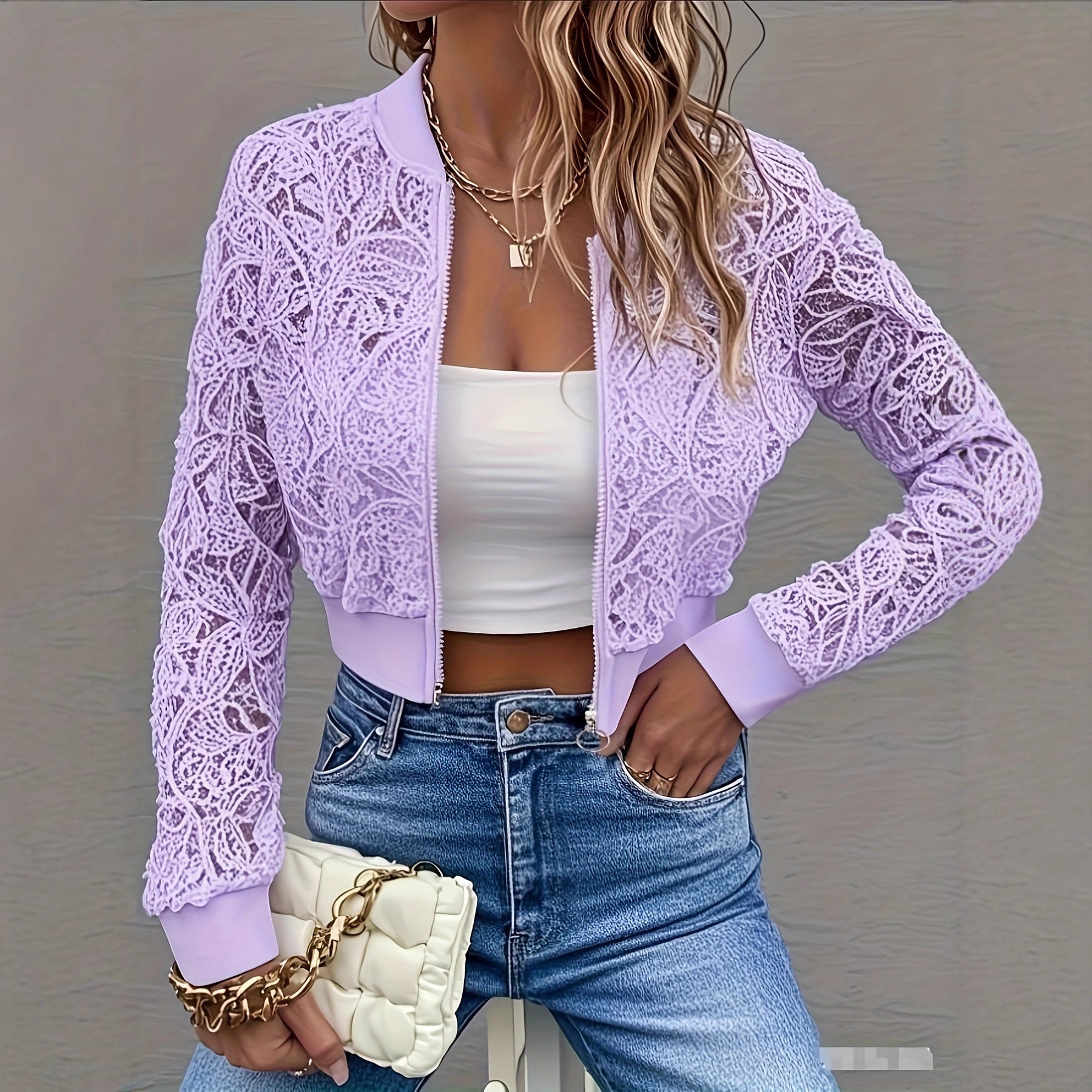 Chaqueta corta de encaje de color liso para mujer con cremallera