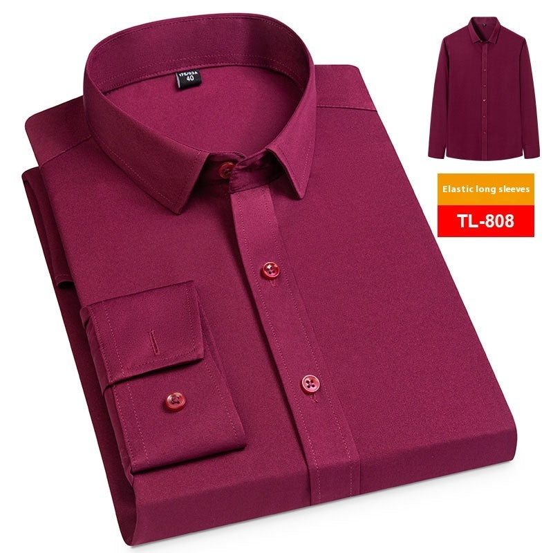 Camisa elástica informal de negocios para hombre, manga larga, lisa, sin bolsillo, de primavera