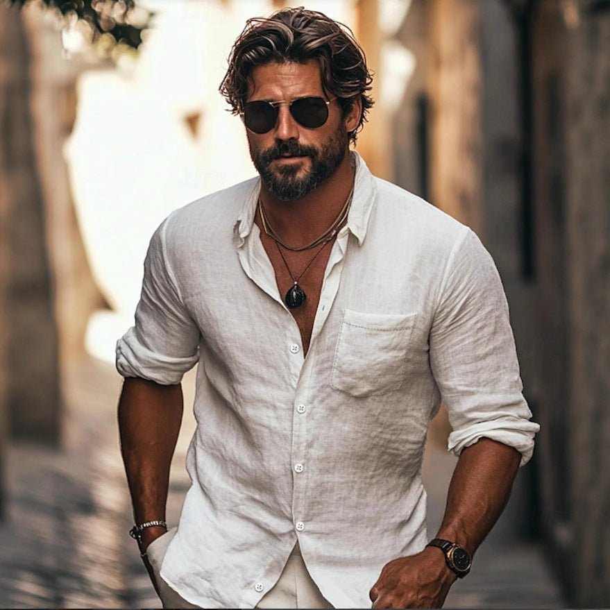 Camisa de hombre con solapa, transpirable, casual, de manga larga, bolsillo chino