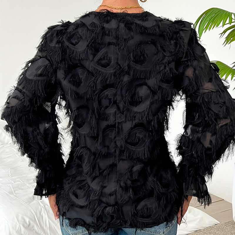 Niche Design Feather Fringe Loose Top Long Sleeve