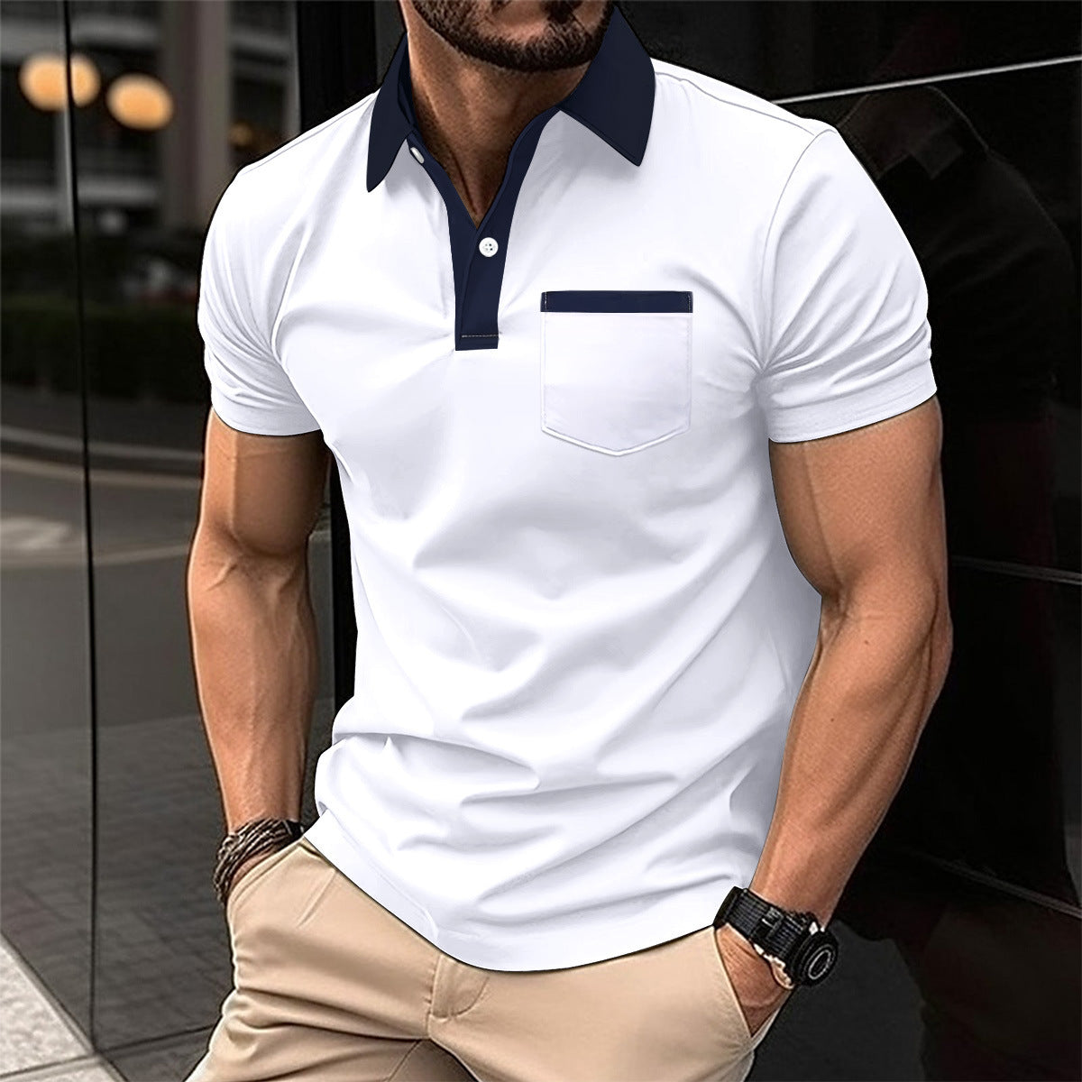 Camiseta polo de manga corta para hombre, ajuste slim, con bolsillo y cuello solapa