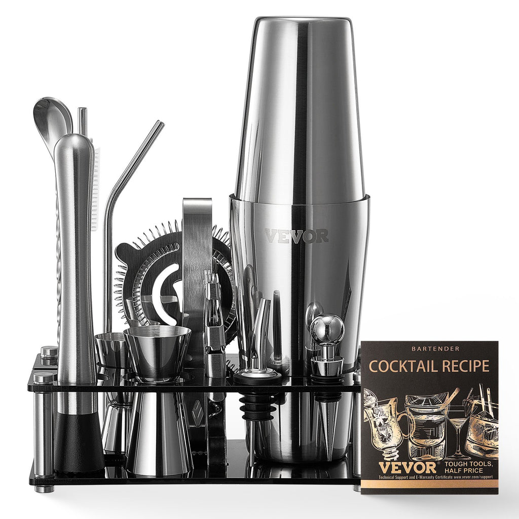 Set shaker cocktail, 14 pièces en acier inoxydable avec support acrylique, accessoires de barman Boston | cuillère mélange, pilon, doseurs, passoire, verseur, pince à glace, tire-bouchon, argenté