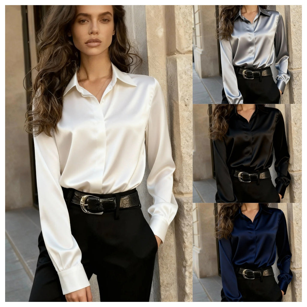 Camisa de satén para mujer, versátil, de manga larga, cuello vuelto, para otoño y uso diario