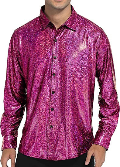 Camisa abotonada casual de color liso con lentejuelas para hombre