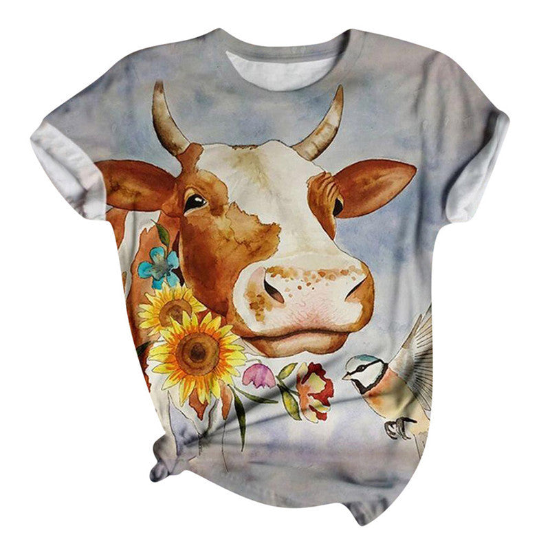 Camiseta de mujer moderna con estampado de cabeza de toro, cuello redondo y manga corta