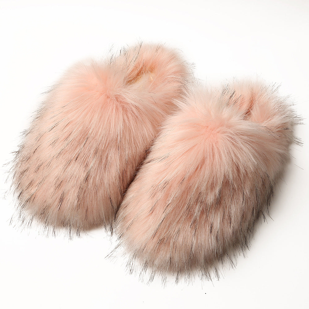 Europäische und amerikanische flauschige Damen-Hausschuhe für Herbst und Winter, warm, mit Fleece-Futter, Kunstfell