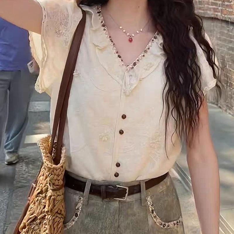 Petite Anti-Aging V-Kaula-Aukko Pitsinen Lyhythihainen Pusero Naisille