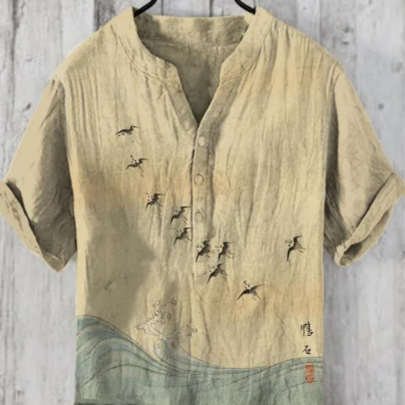Camisa de manga corta con estampado 3D, tejido slub, holgada y casual, tipo jersey