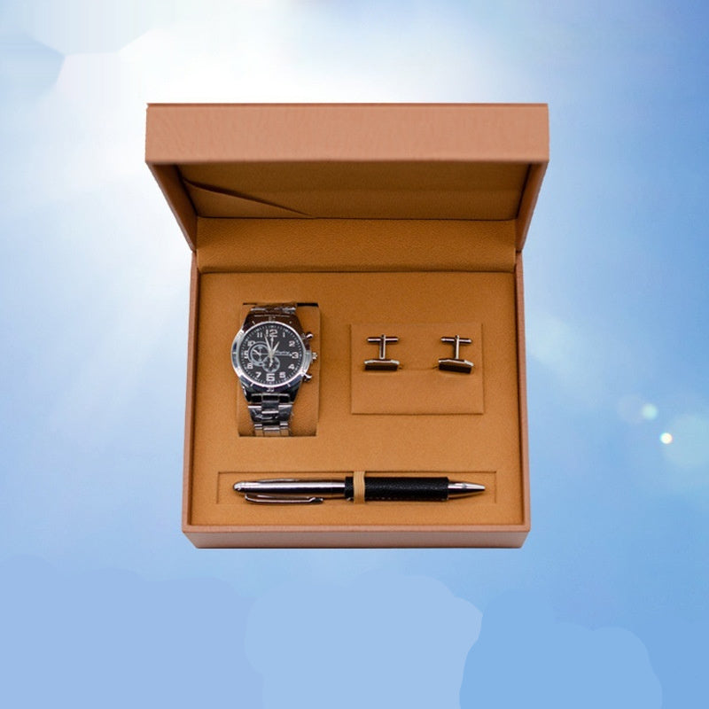 Presentset med kvartsklocka, penna och manschettknappar – affärsmässig och modern stil