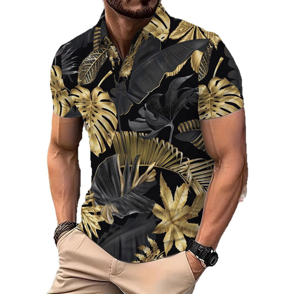 Camisa estampada de moda para hombre, de manga corta, con patrón tropical vegetal dorado