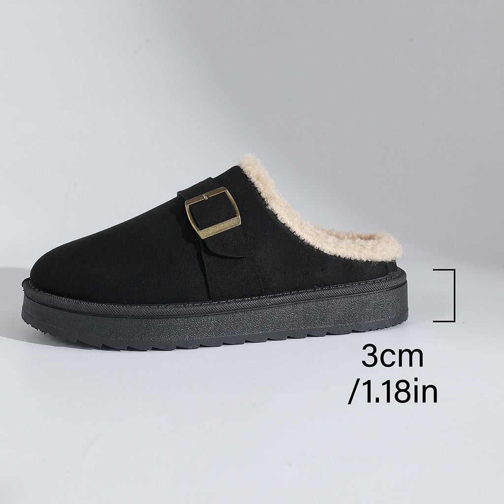 Fivela de Cinto com Sola Grossa Chinelo Feminino de Algodão forrado com Lã, Bico Fechado